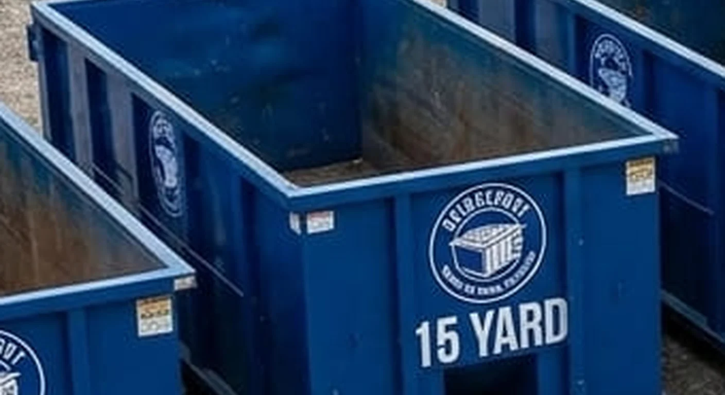 15 Yard Dumpster Rental in Bridgeport, CT A clean, correctly-labeled 15 yard Bridgeport Dumpster Rental Solutions roll-off container staged at the company yard, part of a five-container size lineup
