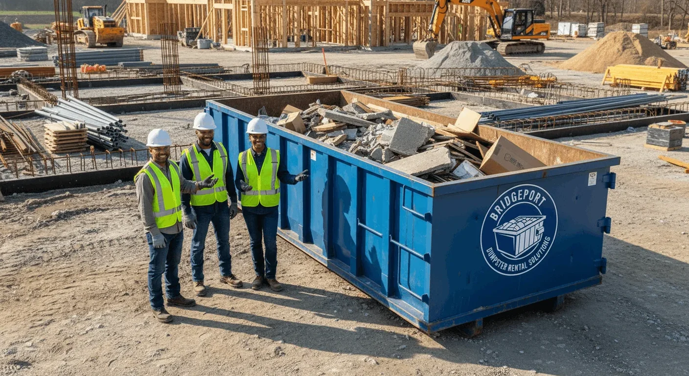 Construction dumpster rental in Shelton, CT A Bridgeport Dumpster Rental Solutions roll-off dumpster delivered to an active construction site in Shelton, CT