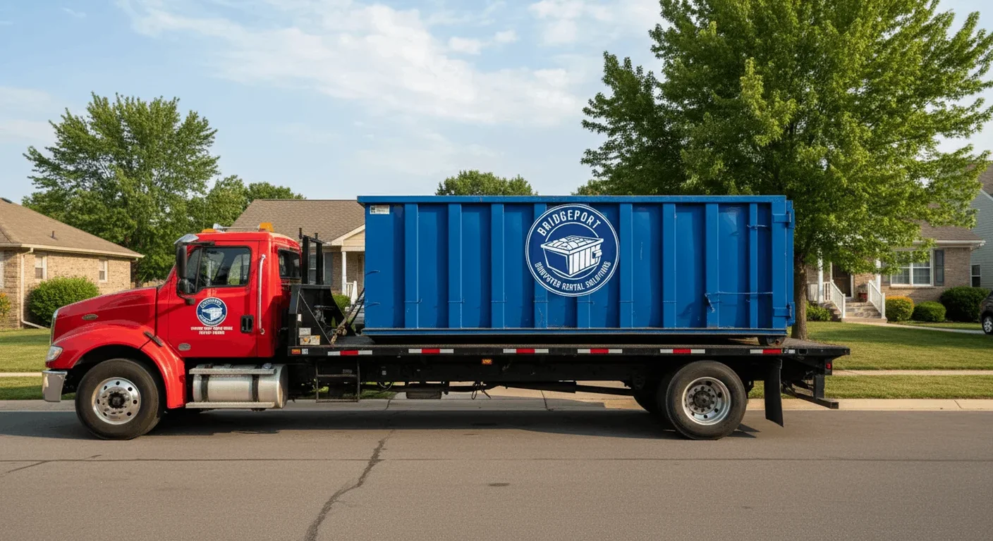 Dumpster delivery in Monroe, CT A Bridgeport Dumpster Rental Solutions driver ready for a delivery in Monroe, CT