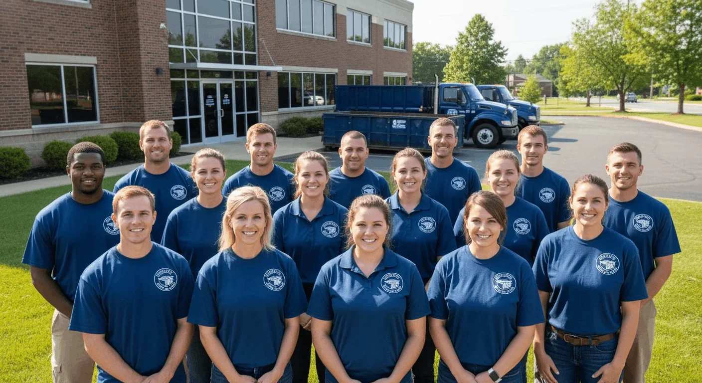 Meet the Bridgeport Dumpster Rental Solutions Team Members of the Bridgeport Dumpster Rental Solutions crew posing on a construction site beside a branded roll-off container