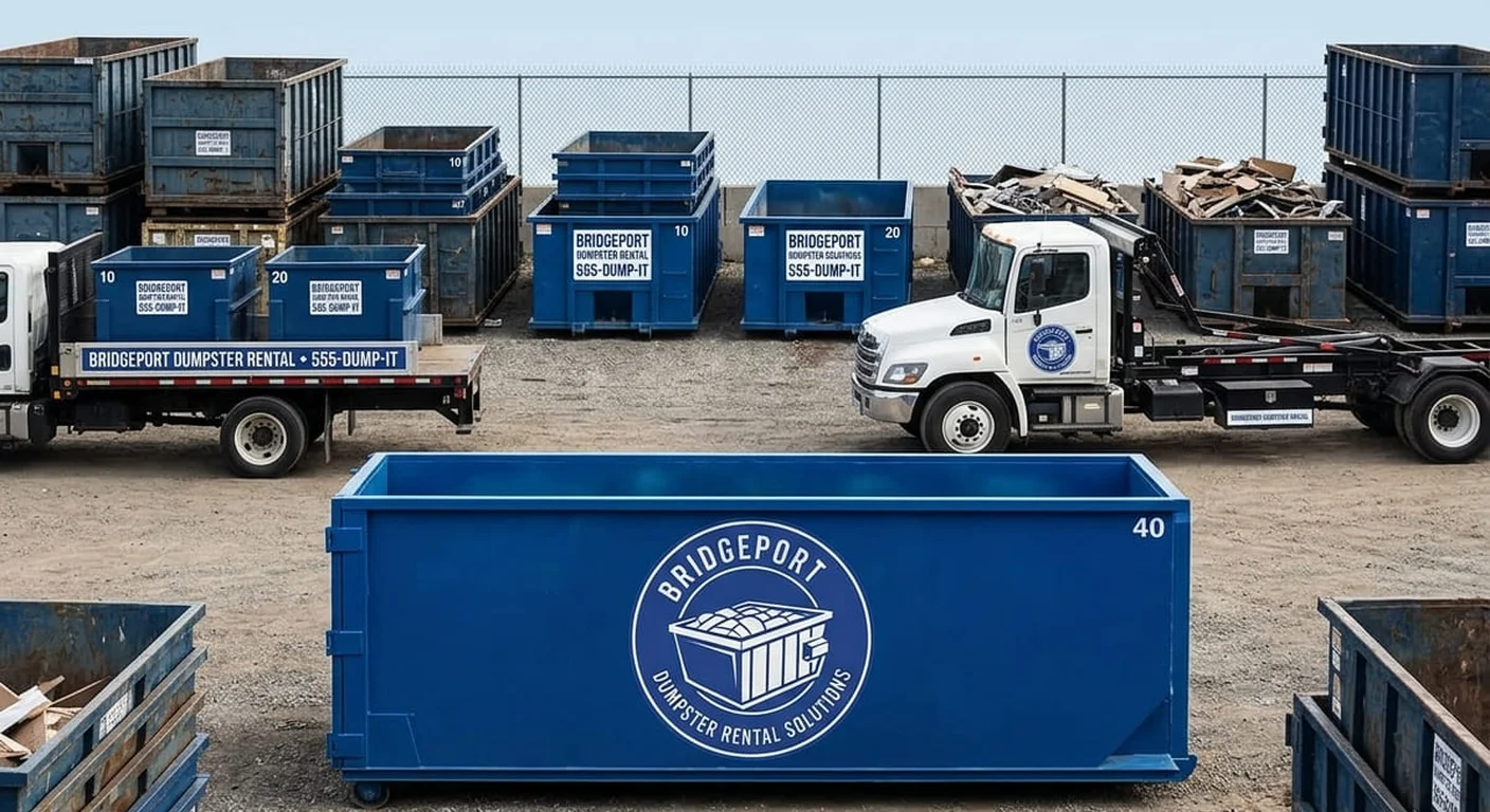 Bridgeport Dumpster Rental Solutions fleet - serving Easton, CT Part of the Bridgeport Dumpster Rental Solutions fleet, staged and ready for a job near Easton, CT
