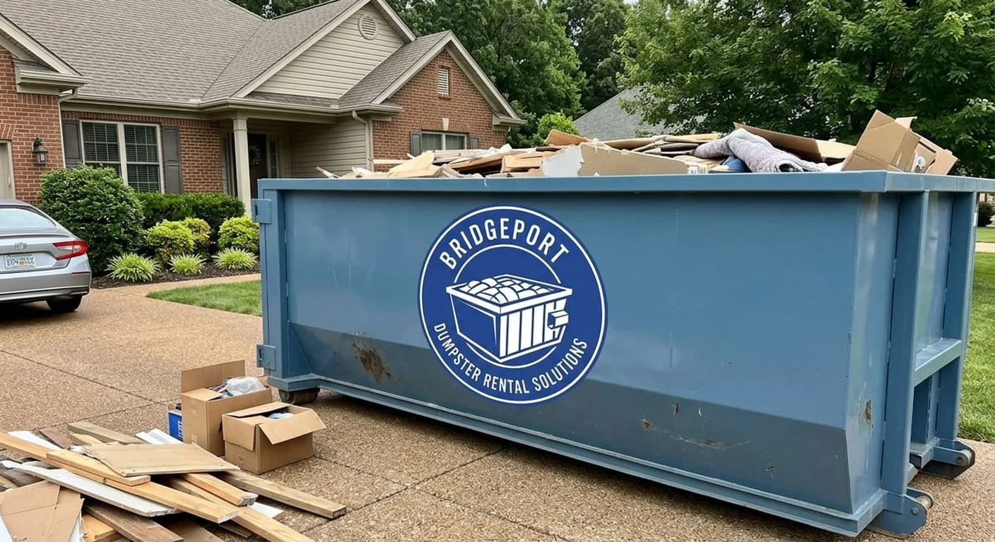Dumpster rental delivery near Stratford, CT A Bridgeport Dumpster Rental Solutions roll-off dumpster staged for a job near Stratford, CT