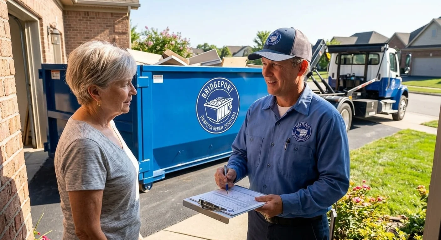Junk Removal Dumpster Rental in Bridgeport, CT A Bridgeport Dumpster Rental Solutions driver reviewing paperwork with a homeowner beside a delivered dumpster during a junk-removal job