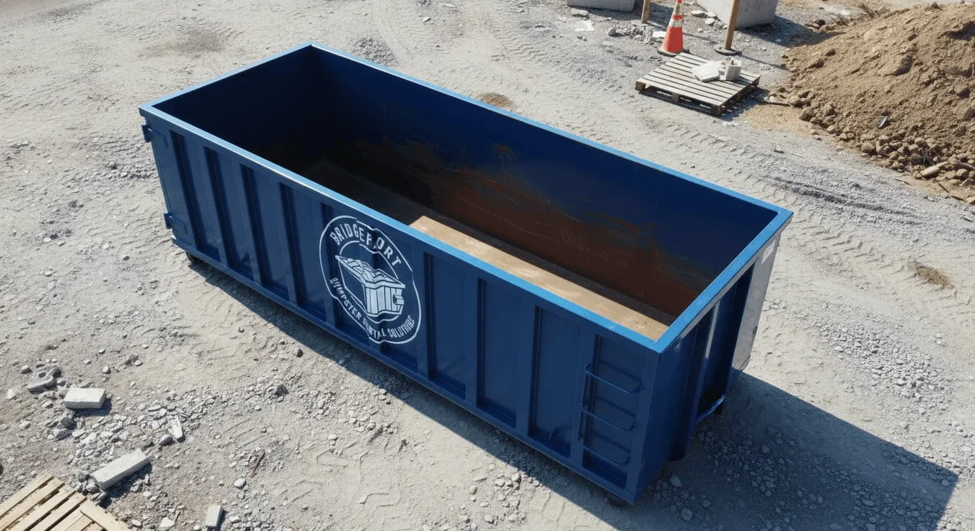 A Bridgeport Dumpster Rental Solutions dumpster delivered to a residential driveway for a home cleanout project