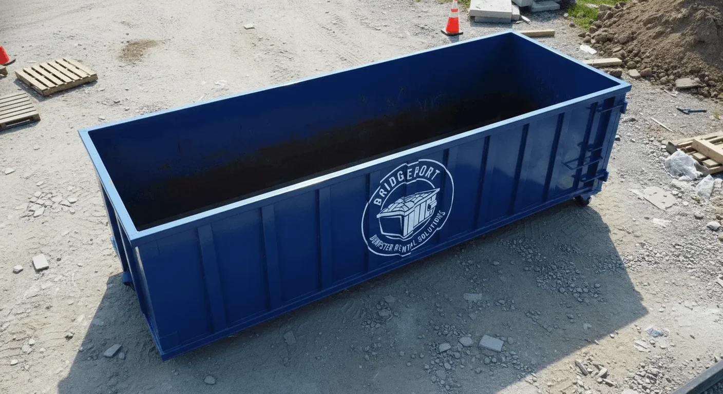 Roll-Off Dumpster Rental in Bridgeport, CT An empty Bridgeport Dumpster Rental Solutions blue roll-off container staged and ready for delivery