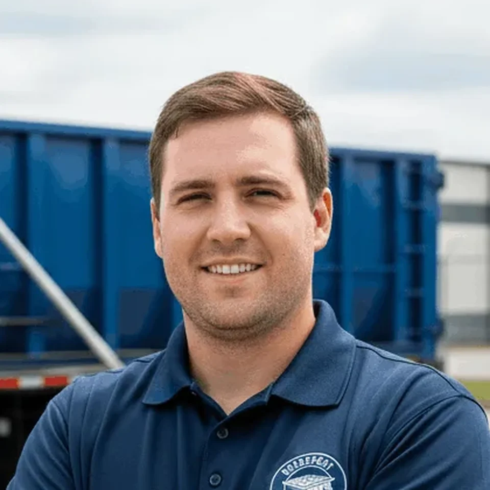 Jake Coelho - Lead Driver Jake Coelho, Lead Driver at Bridgeport Dumpster Rental Solutions, standing in front of a company roll-off truck